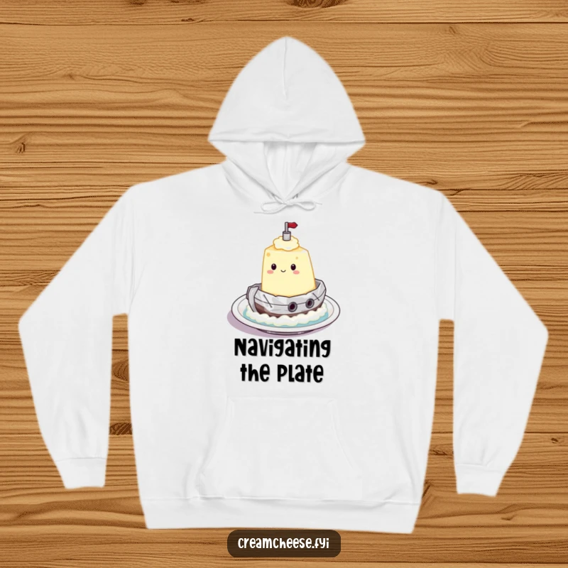 Funny Hoodie depicting a cream cheese character in a foil tugboat sailing on a plate, offering cozy warmth and spreadable wonder.