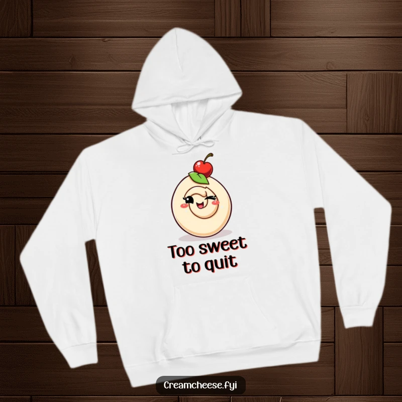 Funny cream cheese swirl character with a cherry hat winking mischievously, offering cozy comfort with a side of cheeky fun.