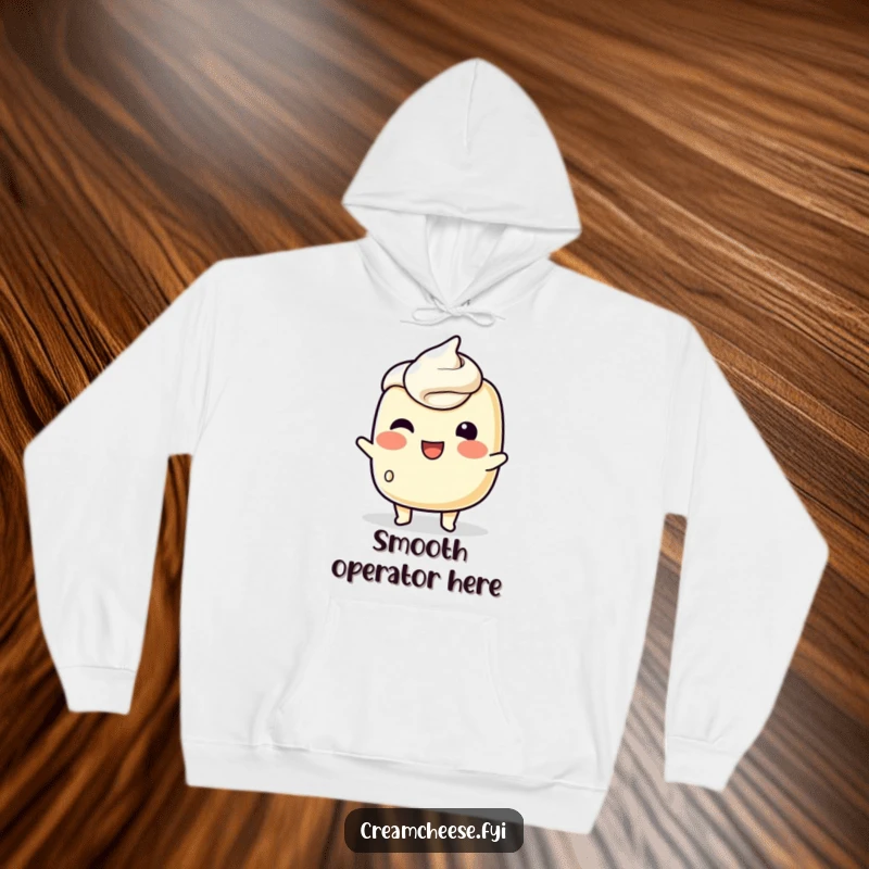 Funny Hoodie depicting a playful cream cheese character attempting a wink with its spreadable body, offering cozy, humorous warmth.