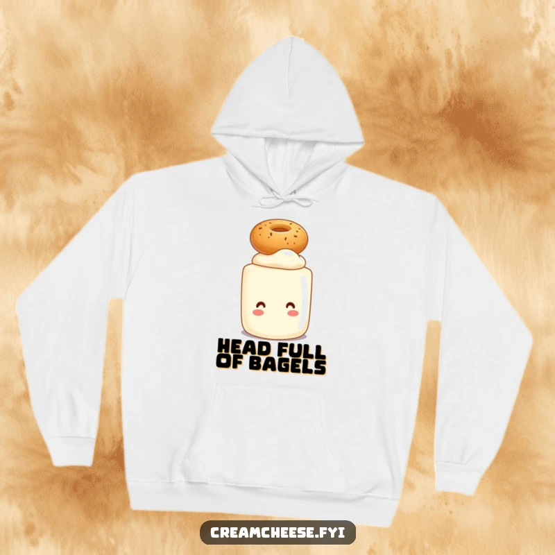 Funny hoodie with a cream cheese tub character balancing a tiny bagel on its head, perfect for cozy, humorous moments.