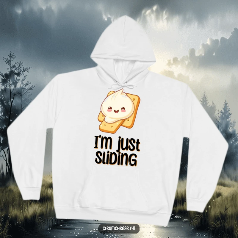 Funny cream cheese dollop sliding down a cracker, depicted on a cozy hoodie. A whimsical and funny snack illustration, perfect as a funny gift.