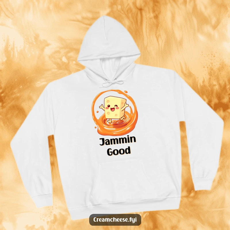 Funny hoodie featuring a cream cheese block character in a joyful leap through a jam swirl, perfect for cozy, happy moments.