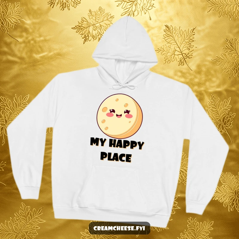 Funny Hoodie: A round cream cheese wheel with a wide smile spins energetically on its side, radiating infectious, cheesy happiness.