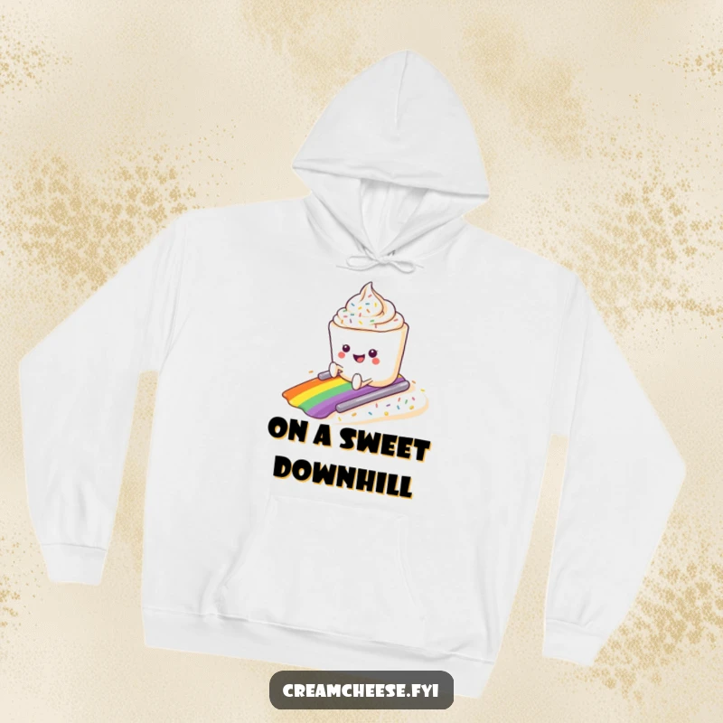 Funny animated cream cheese tub with a happy expression sliding down a bright sprinkle slope on a hoodie.