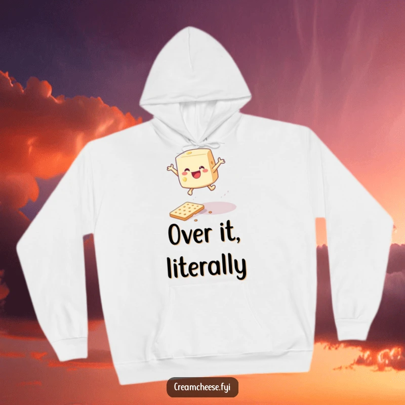 Funny animated cream cheese wedge gleefully jumping over a cracker, featured on a cozy hoodie.