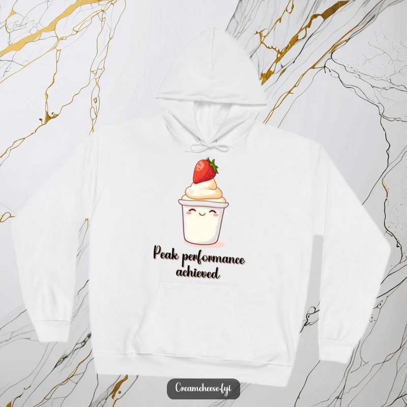 Funny Hoodie: Giggling cream cheese tub with a strawberry top, humorous and cozy breakfast apparel.