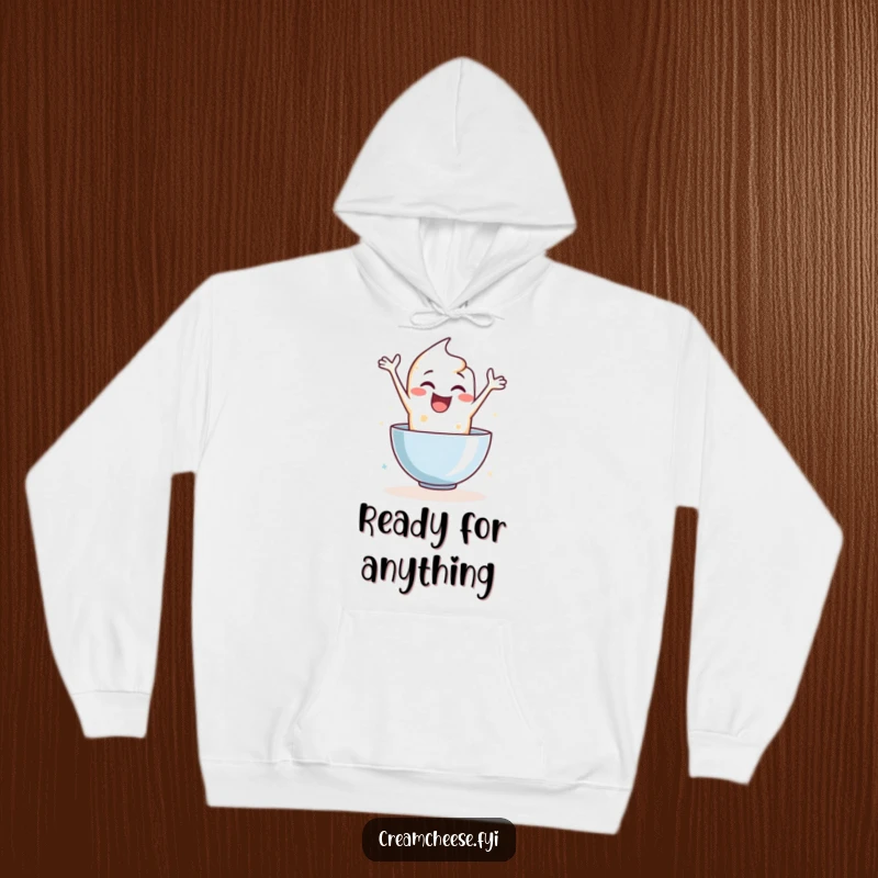 Funny hoodie with an enthusiastic cream cheese character leaping into a mixing bowl, offering cozy humor and playful spirit.