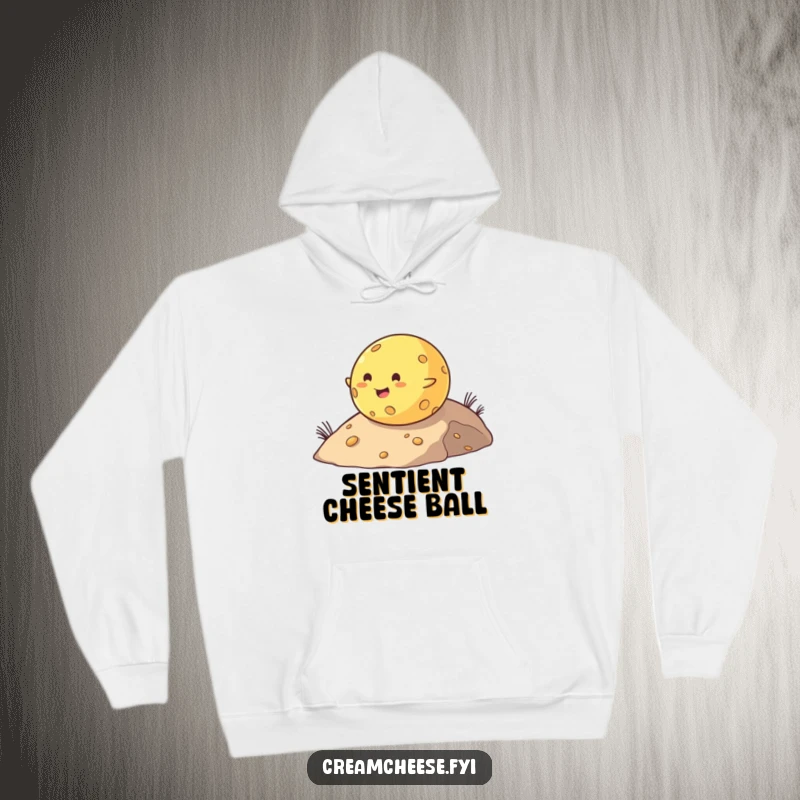 Funny hoodie showing a cheerful, chubby cheese ball rolling enthusiastically down a hill, radiating happiness and a love for adventure.