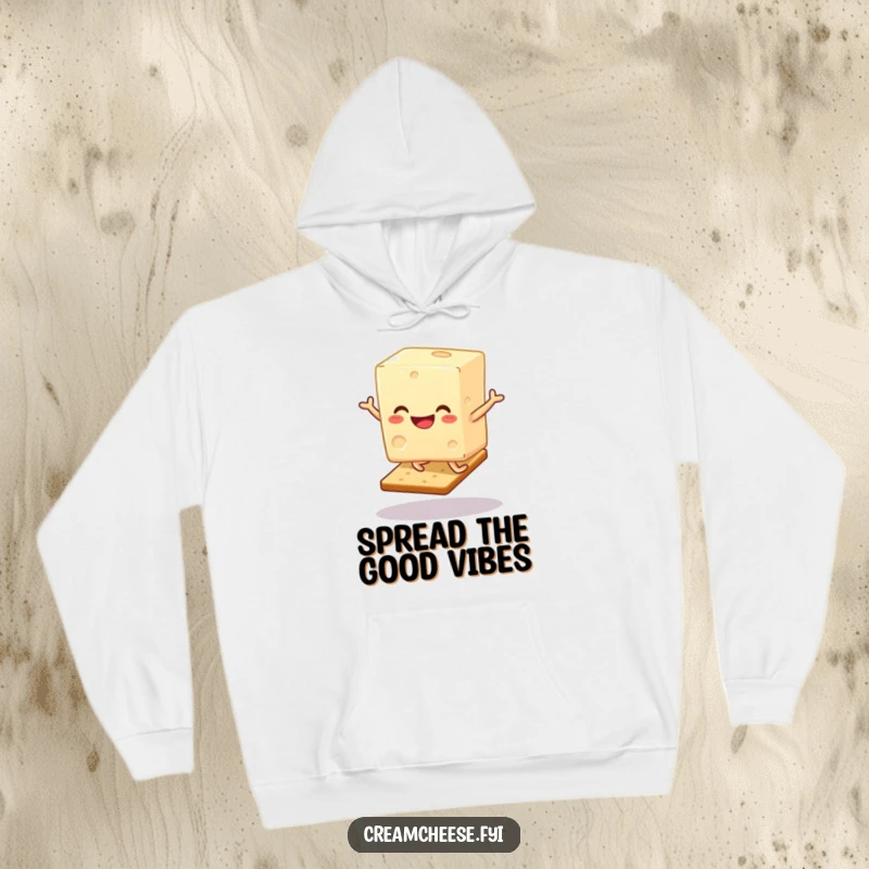 Funny Cream Cheese Hoodie: A jubilant cream cheese block executes a bouncy hop on a cracker, pure delight.