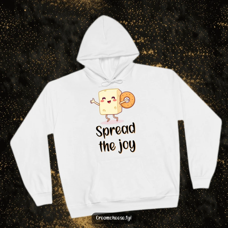 Funny hoodie featuring a smiling cream cheese block with legs dancing joyfully with a bagel, perfect for breakfast lovers.