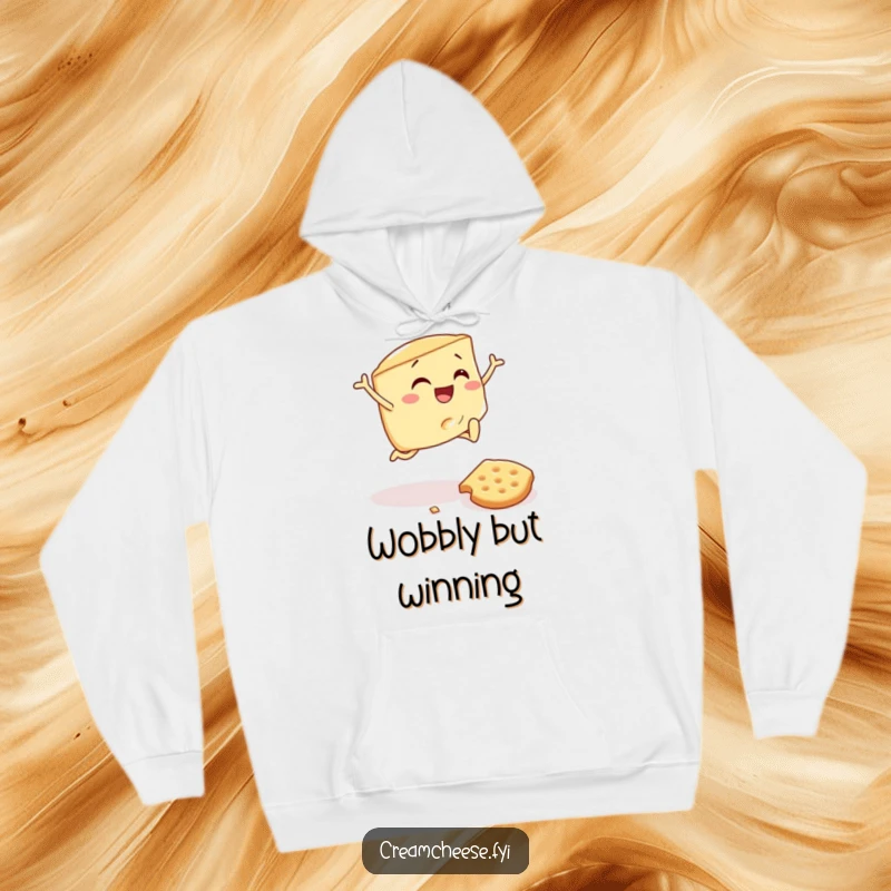 Funny hoodie depicting a cream cheese wedge mid-air, joyfully vaulting over a collapsed cracker; capturing breakfast's fun side.