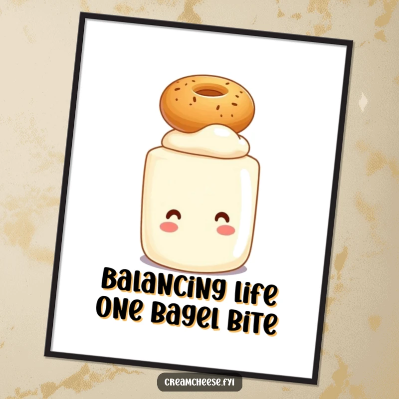 Funny Free Printable Wall Art: A smiling cream cheese tub character balancing a tiny bagel perfectly on its head.