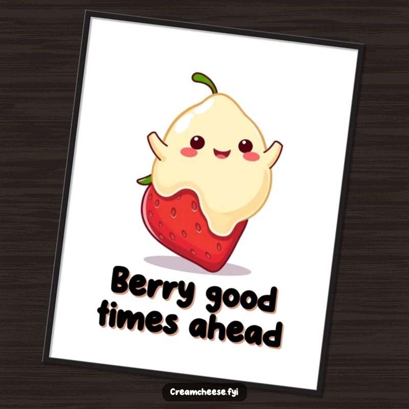 Funny Free Printable Wall Art of a playful cream cheese blob happily bouncing on a bright red strawberry.
