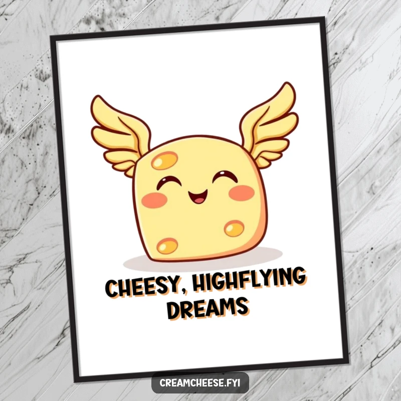 Funny Free Printable Wall Art featuring a smiling cheese slice that has sprouted tiny, feathery wings.