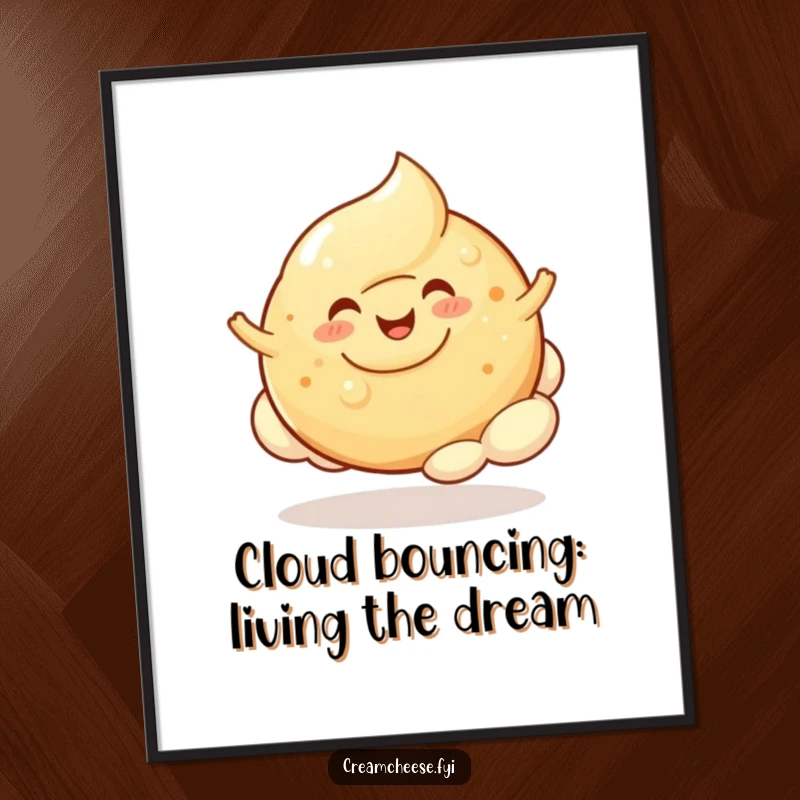 Funny Free Printable Wall Art: A cheerful cream cheese blob happily bounces on a fluffy bagel cloud, bringing whimsical joy.