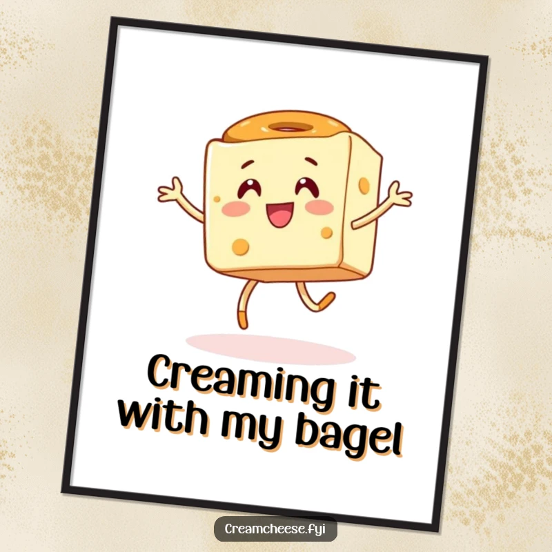 Funny Free Printable Wall Art of an energetic cream cheese cube performing a silly hop with a bagel.