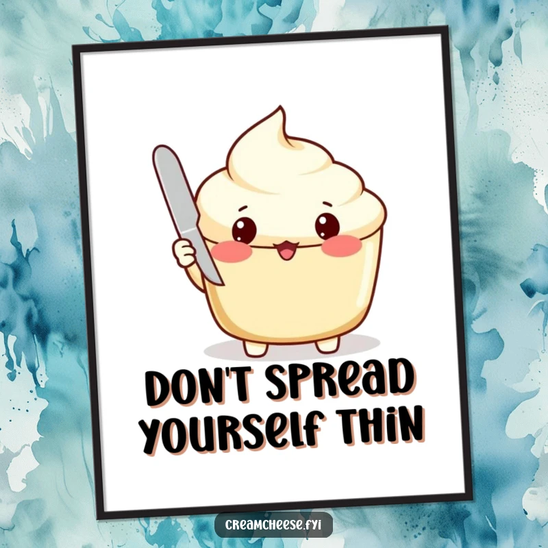 Funny Free Printable Wall Art: A surprised cream cheese spread peeks from its lid, knife ready, creating a humorous kitchen statement.