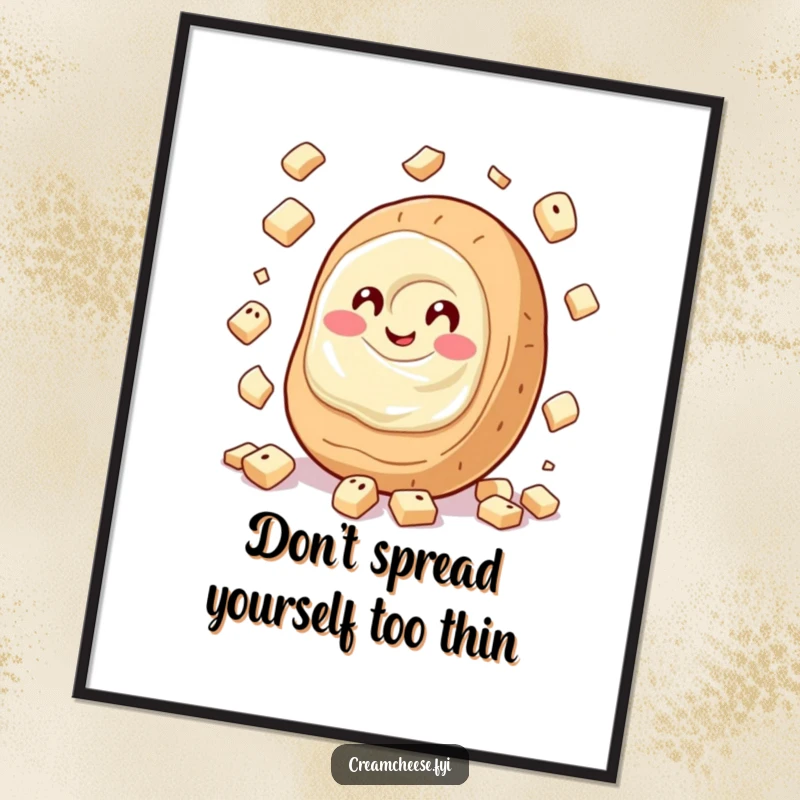 Funny Free Printable Wall Art: A giggling cream cheese spread juggles tiny bagel pieces, bringing playful energy to the room.