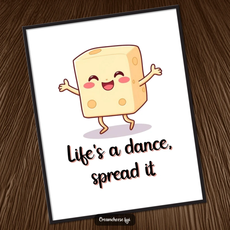 Funny free printable wall art of a happy block of cream cheese with legs doing a lively, joyful dance.