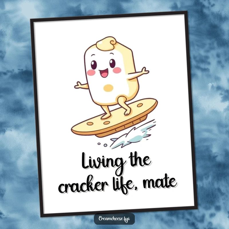 Funny Free Printable Wall Art: A happy cream cheese character bravely surfs on a giant cracker, bringing playful and unexpected humor to the scene.
