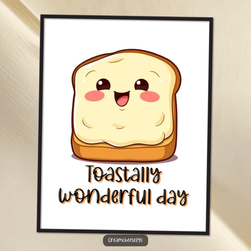 Funny Free Printable Wall Art: A cheerful cream cheese wedge winks while being spread on toast, adding humor to your space.
