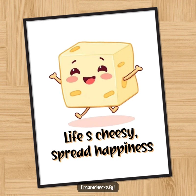 Funny Free Printable Wall Art: A smiling cream cheese block with legs skipping joyfully, adding a vibrant and humorous touch to any room.