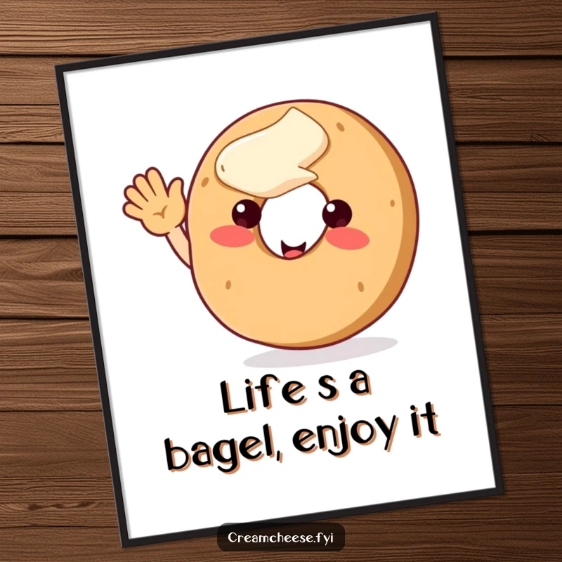 Funny Free Printable Wall Art: Smiling bagel topped with cream cheese waves enthusiastically. A delightful and humorous downloadable piece.