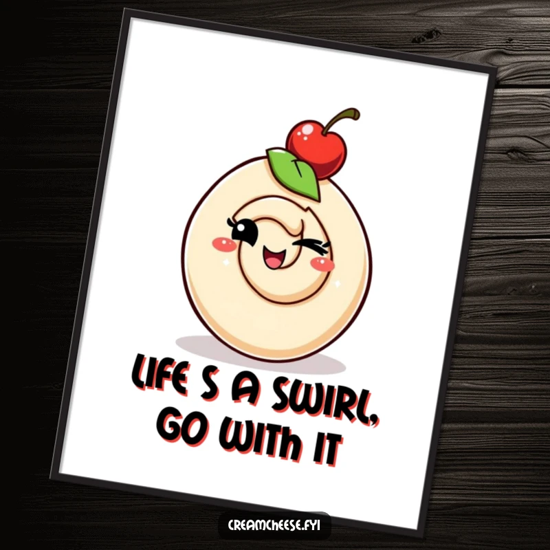 Funny Free Printable Wall Art: A whimsical cream cheese swirl winks playfully while wearing a cherry hat. Quirky and downloadable art.