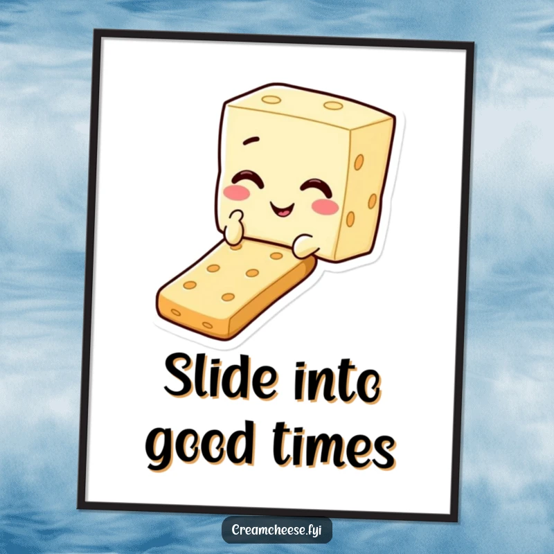 Funny Free Printable Wall Art: A cheerful cream cheese square character winking while sliding down a cracker with a smile.