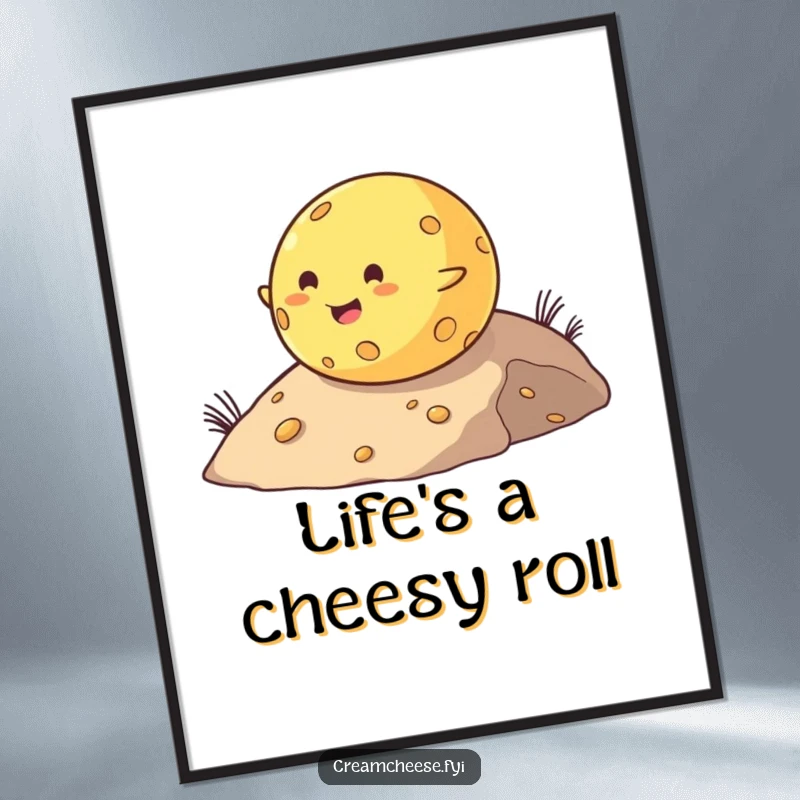 Funny Free Printable Wall Art: Chubby cheese ball cheerfully rolls down a hill, creating a whimsical scene.