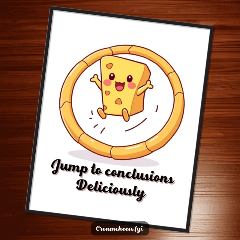 Funny Free Printable Wall Art: Playful cheese wedge leaps dynamically through a hoop made of breadsticks, showcasing athleticism.