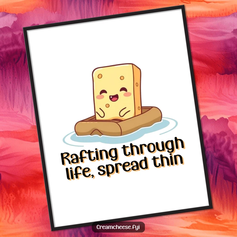 Funny Free Printable Wall Art: A giggling cream cheese bar humorously attempting to float on a miniature raft, adding quirky character.