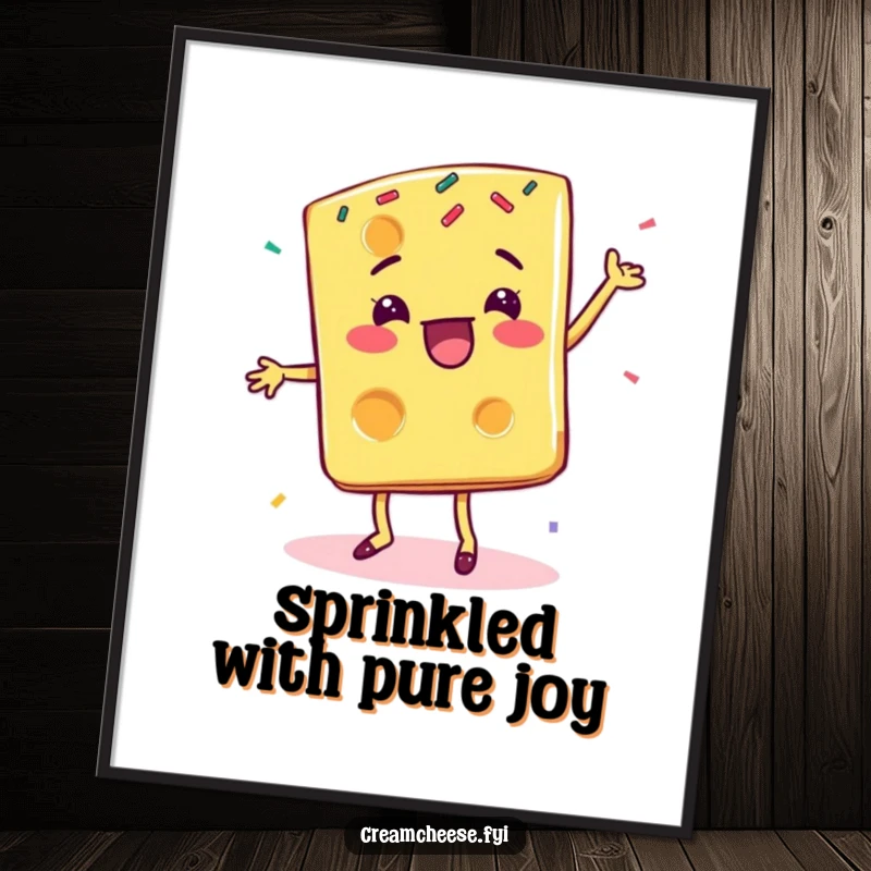 Funny Free Printable Wall Art showing a cheese slice in a happy dance, decorated with colorful sprinkles.