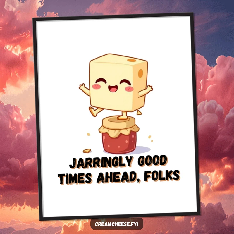 Funny Free Printable Wall Art: A giggling cream cheese block joyfully leaps over a tiny jam jar, perfect for downloadable quirky decor.