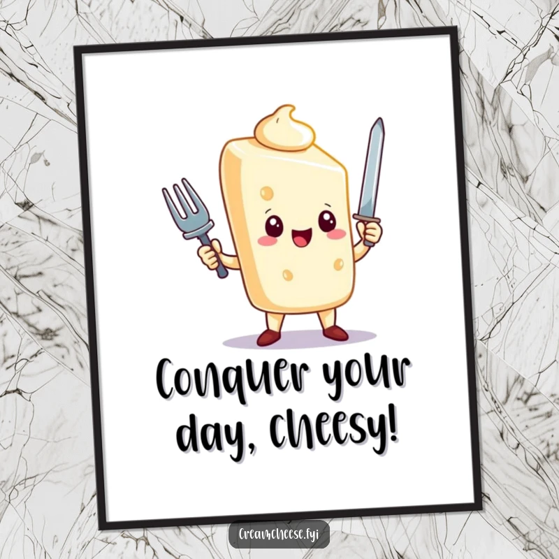 Funny Free Printable Wall Art: Triumphant cream cheese character heroically holding a tiny fork like a sword, celebrating accomplishment.