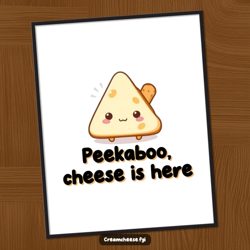 Funny free printable wall art illustrating a timid cream cheese triangle shyly peeking from behind a mini breadstick, a whimsical kitchen decoration.