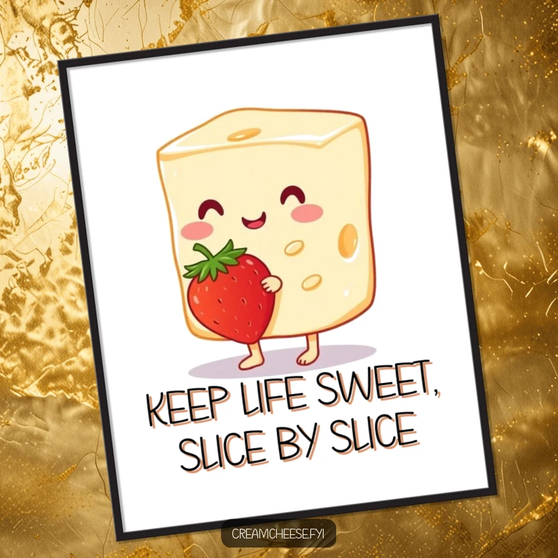 Funny Free Printable Wall Art: A cheerful cream cheese slice tiptoes delicately with a ripe strawberry, adding charm to the wall.