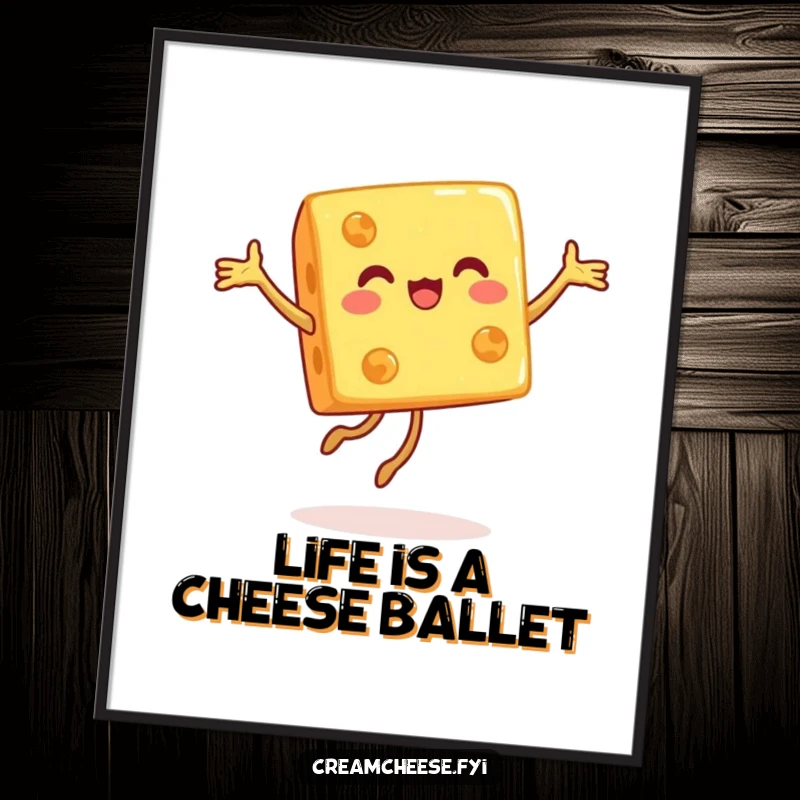 Funny Free Printable Wall Art: Happy cheese cube performs an elegant and joyful pirouette, creating a whimsical scene.