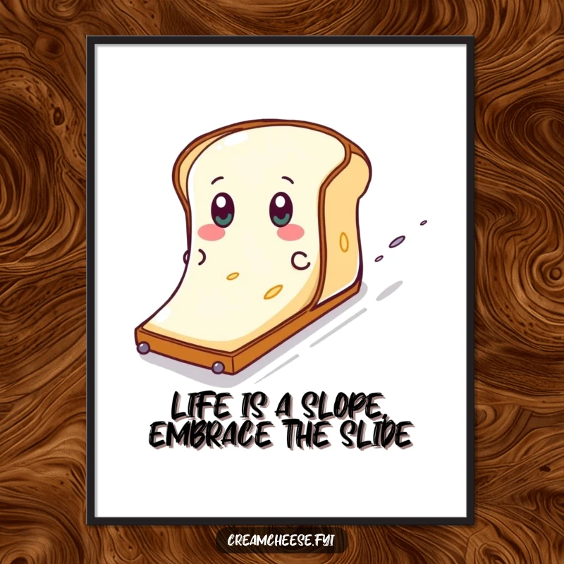 Funny Free Printable Wall Art: Cream cheese with eyes slides gleefully down a toast slope, bringing playful energy to the room.