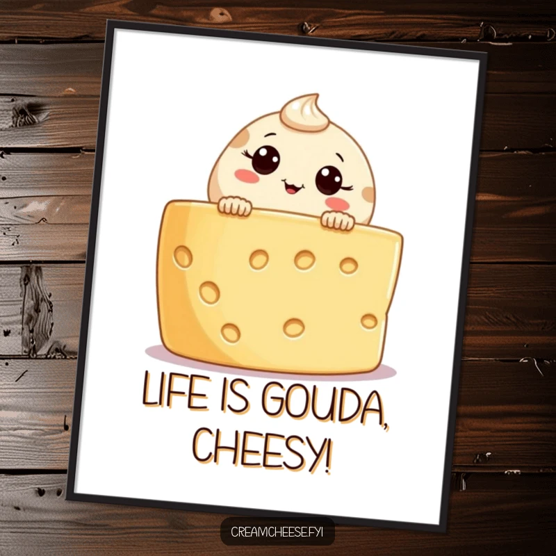Funny Free Printable Wall Art: Curious cream cheese character playfully peeking over a cheese board edge, adding character to any room.