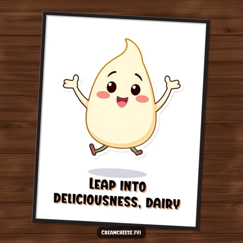 Funny Free Printable Cream Cheese Dollop Wall Art, a happy dollop character doing vigorous jumping jacks, full of life.