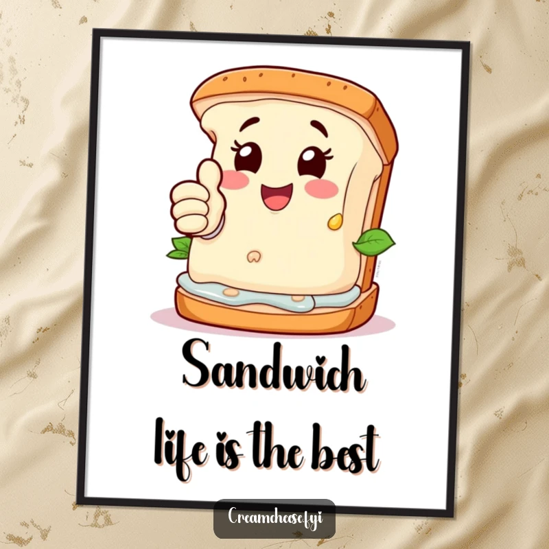 Funny Free Printable Cream Cheese Wall Art: Cheerful cream cheese character giving a thumbs-up from a deconstructed sandwich, a humorous and delicious statement piece.