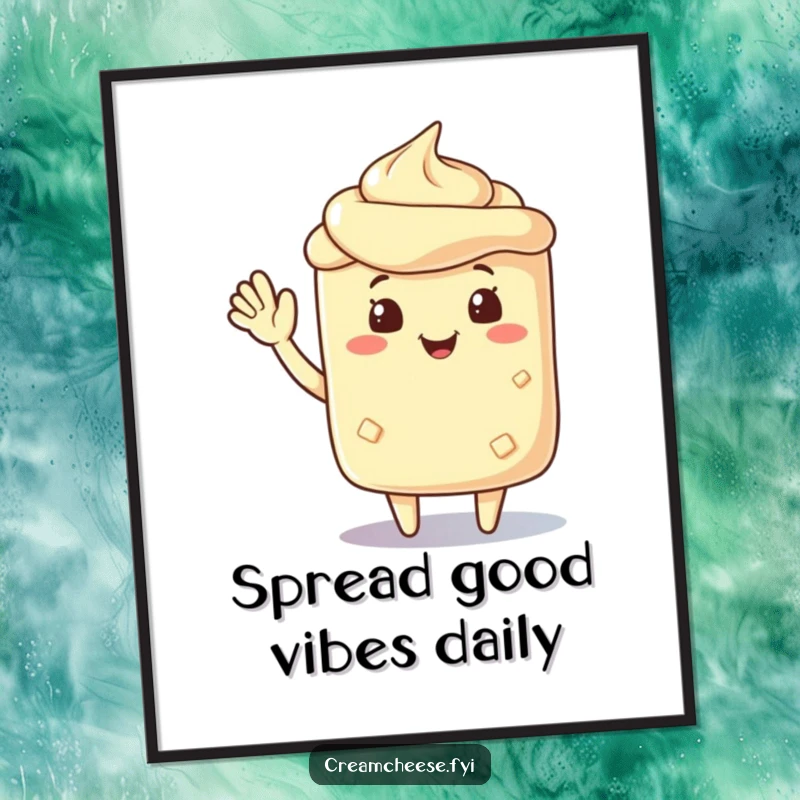 Funny Free Printable Wall Art: A friendly cream cheese spread character offers a cheerful and welcoming wave. Humorous and downloadable decor.