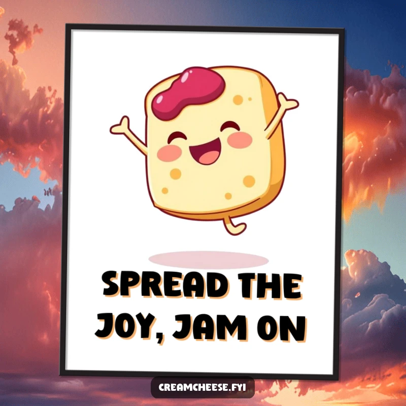 Funny Free Printable Wall Art: Cheerful cream cheese slice performs a lively cartwheel with jam, creating a playful decorative piece.