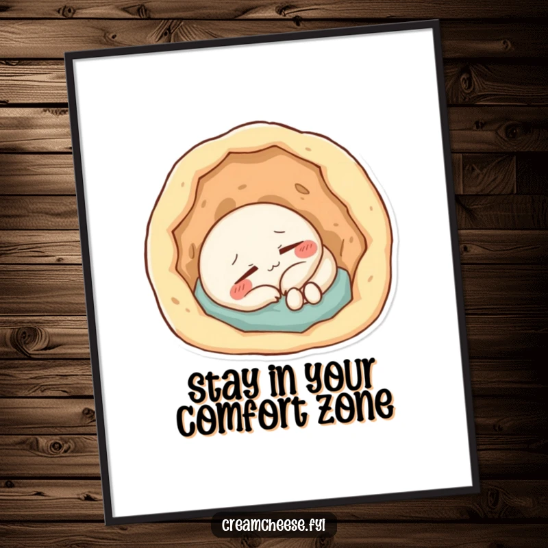 Funny Free Printable Cream Cheese Wall Art: Content cream cheese character deeply asleep inside a soft doughy hole, bringing peaceful humor to any room.