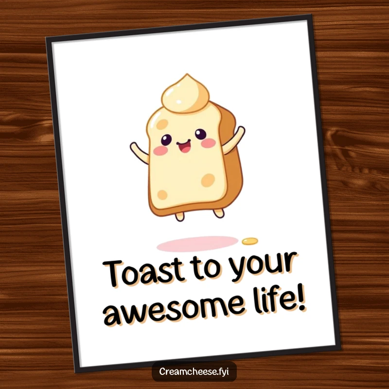 Funny Free Printable Wall Art depicting an overjoyed cream cheese character gleefully bouncing on the edge of a piece of toast.