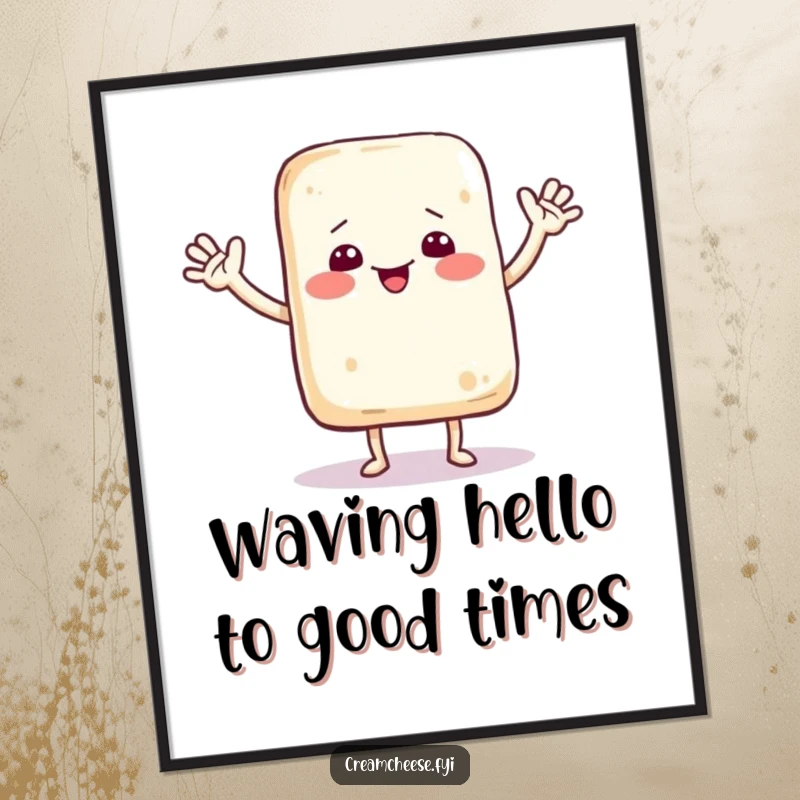 Funny free printable wall art of a cream cheese bag character dancing with tiny arms, waving hello with infectious energy.