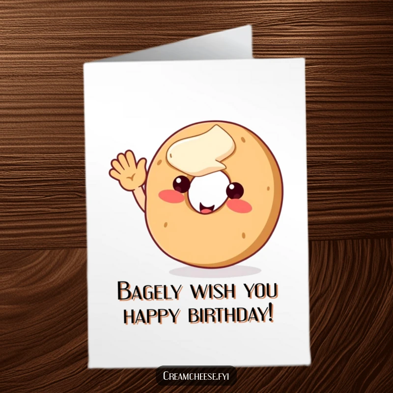 Funny Free Printable Birthday Card: A smiling bagel with cream cheese topping enthusiastically waves a happy birthday greeting. Downloadable fun.