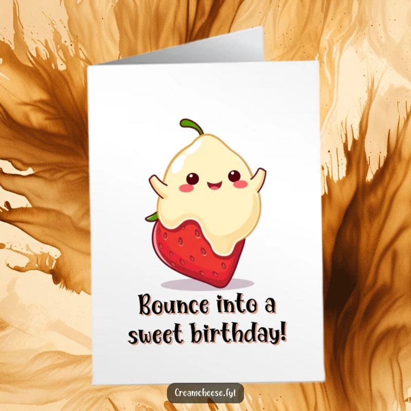 Funny Free Printable Birthday Card featuring a playful cream cheese blob happily bouncing on a strawberry.