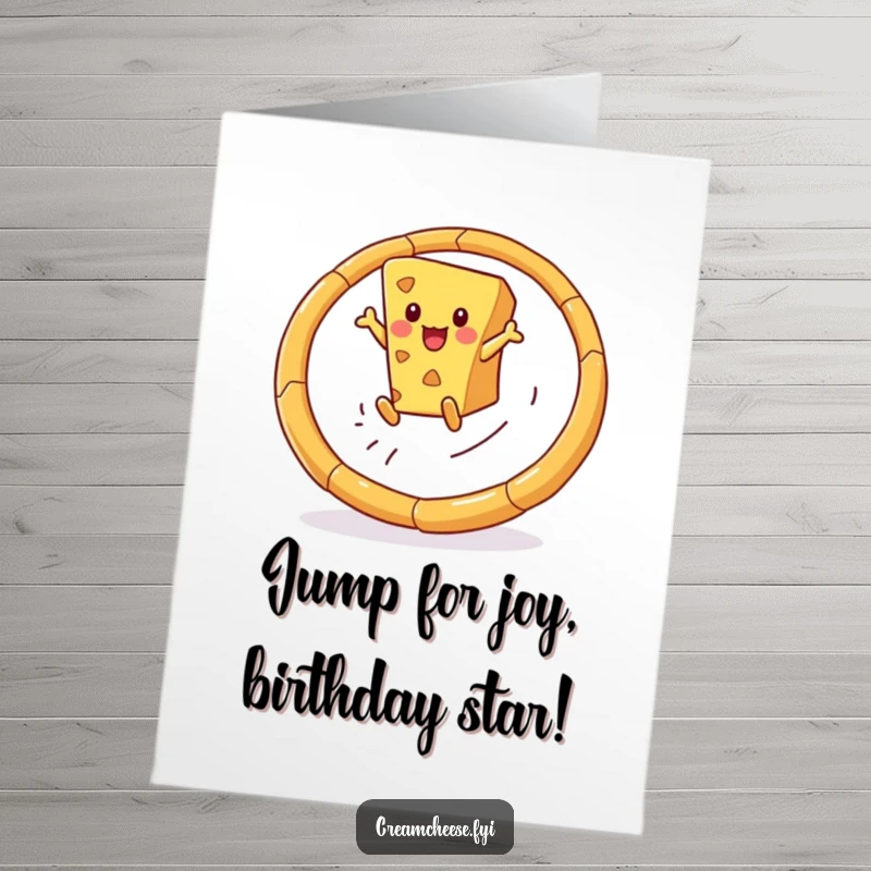 Funny Free Printable Birthday Card: Playful cheese wedge leaps through a hoop made of breadsticks with energetic flair.